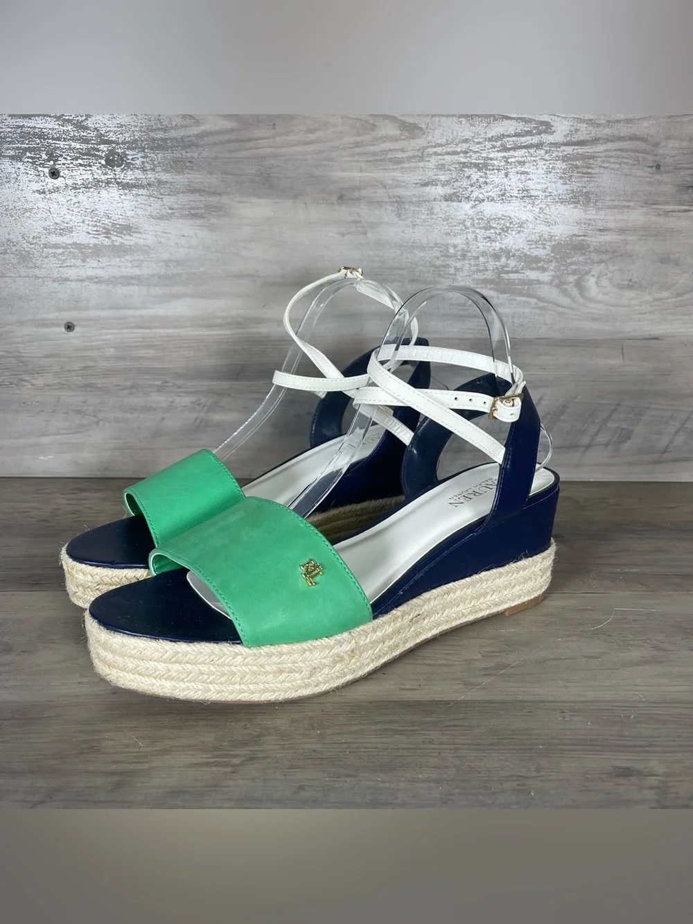 Lauren Ralph Lauren Womens 11 Kelly Green Blue Leather Strappy Espadrilles